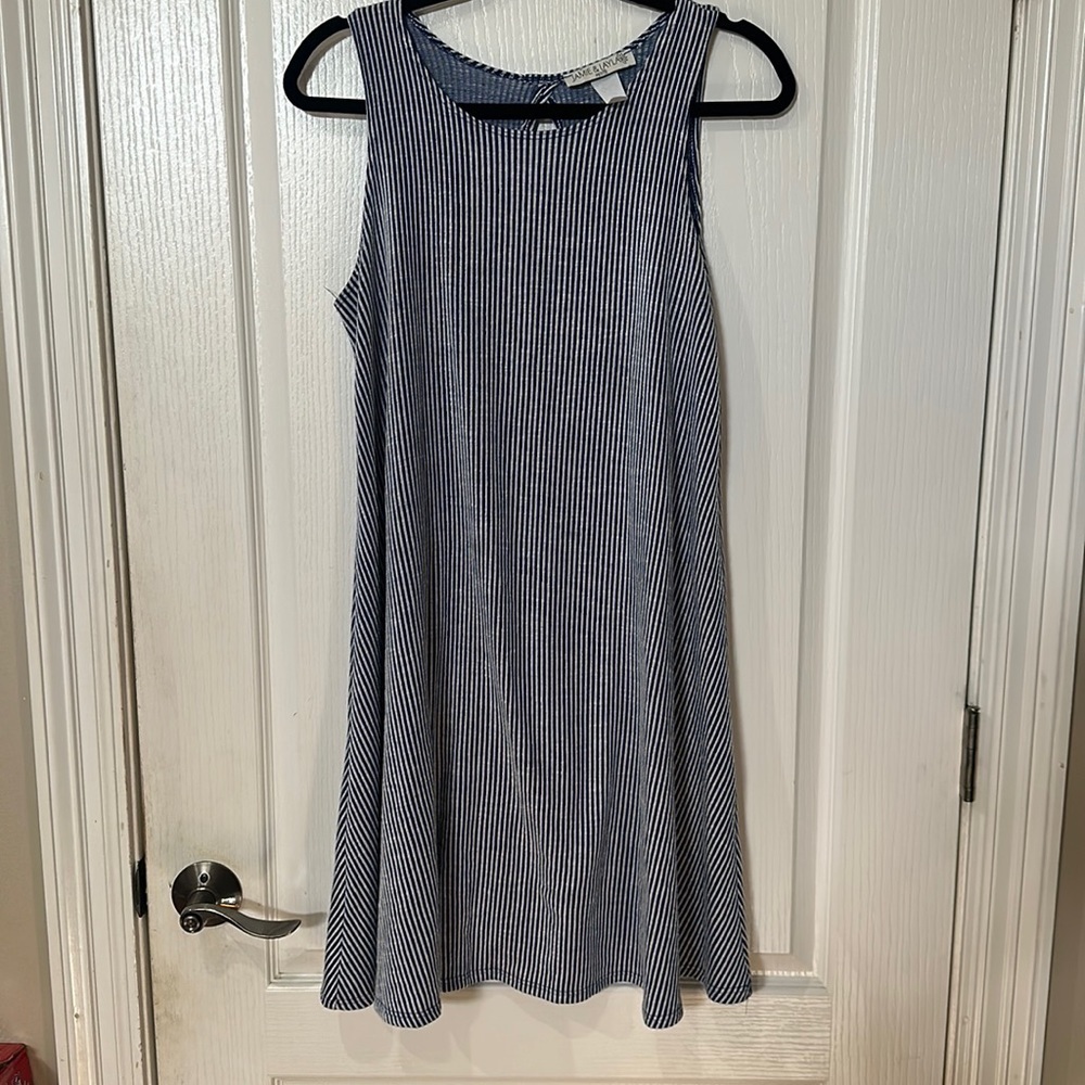 Jamie and Layla petite, small blue and white sleeveless dress